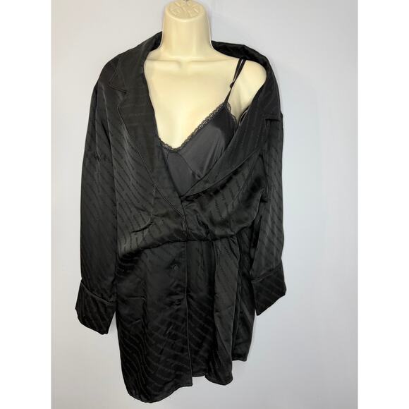 Alexander Wang Black Tonal Logo Deconstructed Shirt Dress Silk Blend Black Sz 2 - Picture 2 of 16